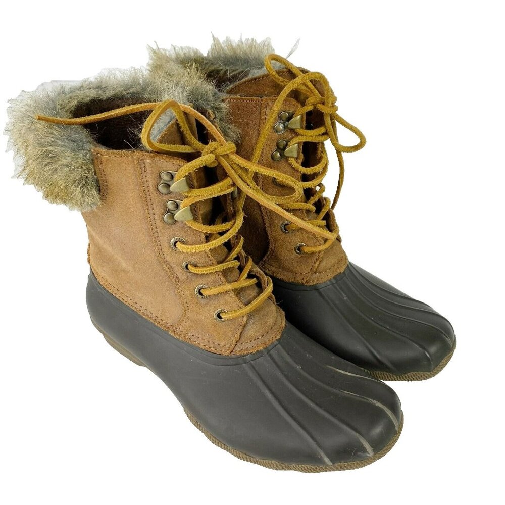 Sperry Topsider Duck Boots Womens Size 8 Brown Faux Fur Ankle Booties